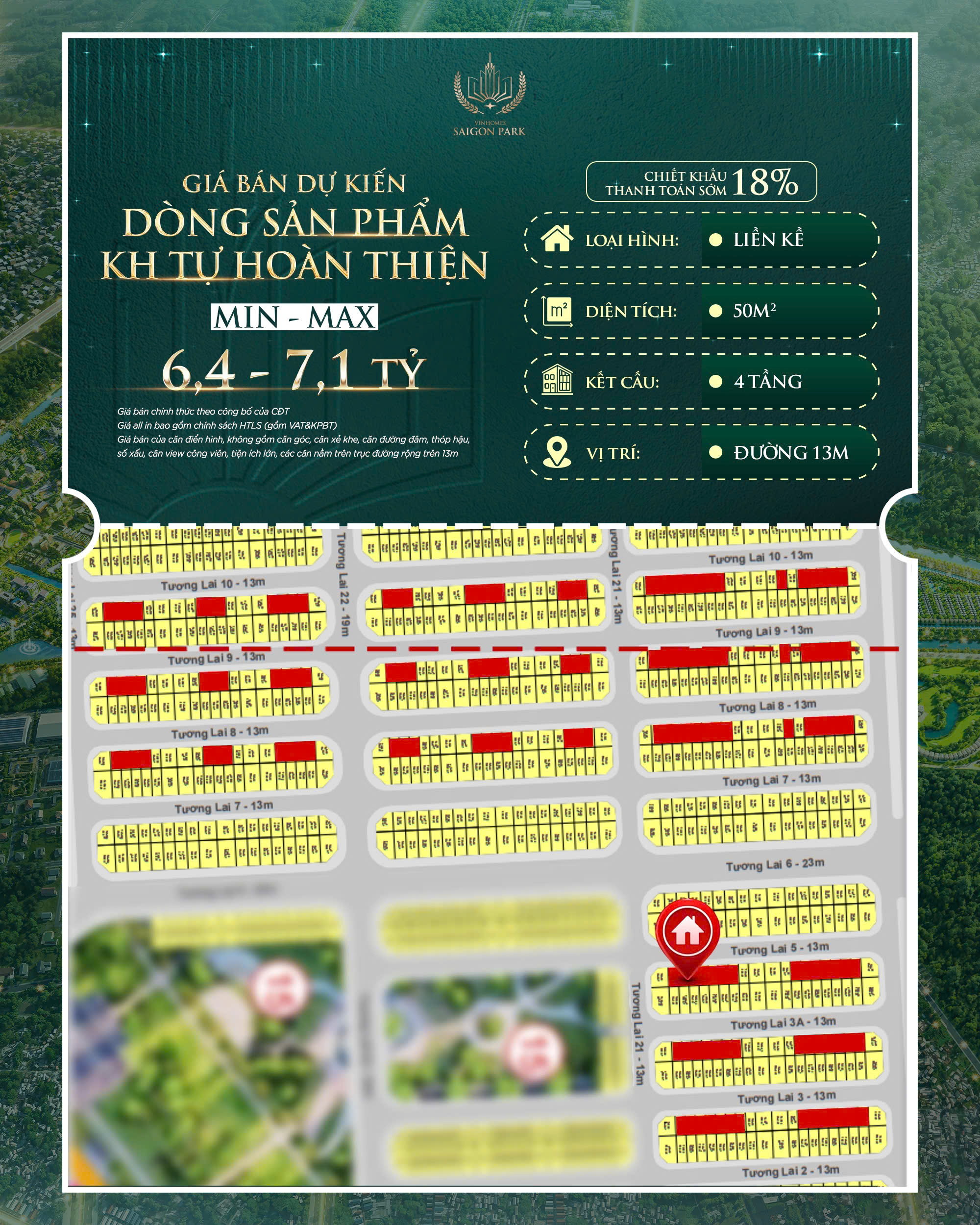 Giá bán liền kề KH tự hoàn thiện 50m² Vinhomes Sài Gòn Park 6,4-7,1 tỷ kèm sơ đồ vị trí