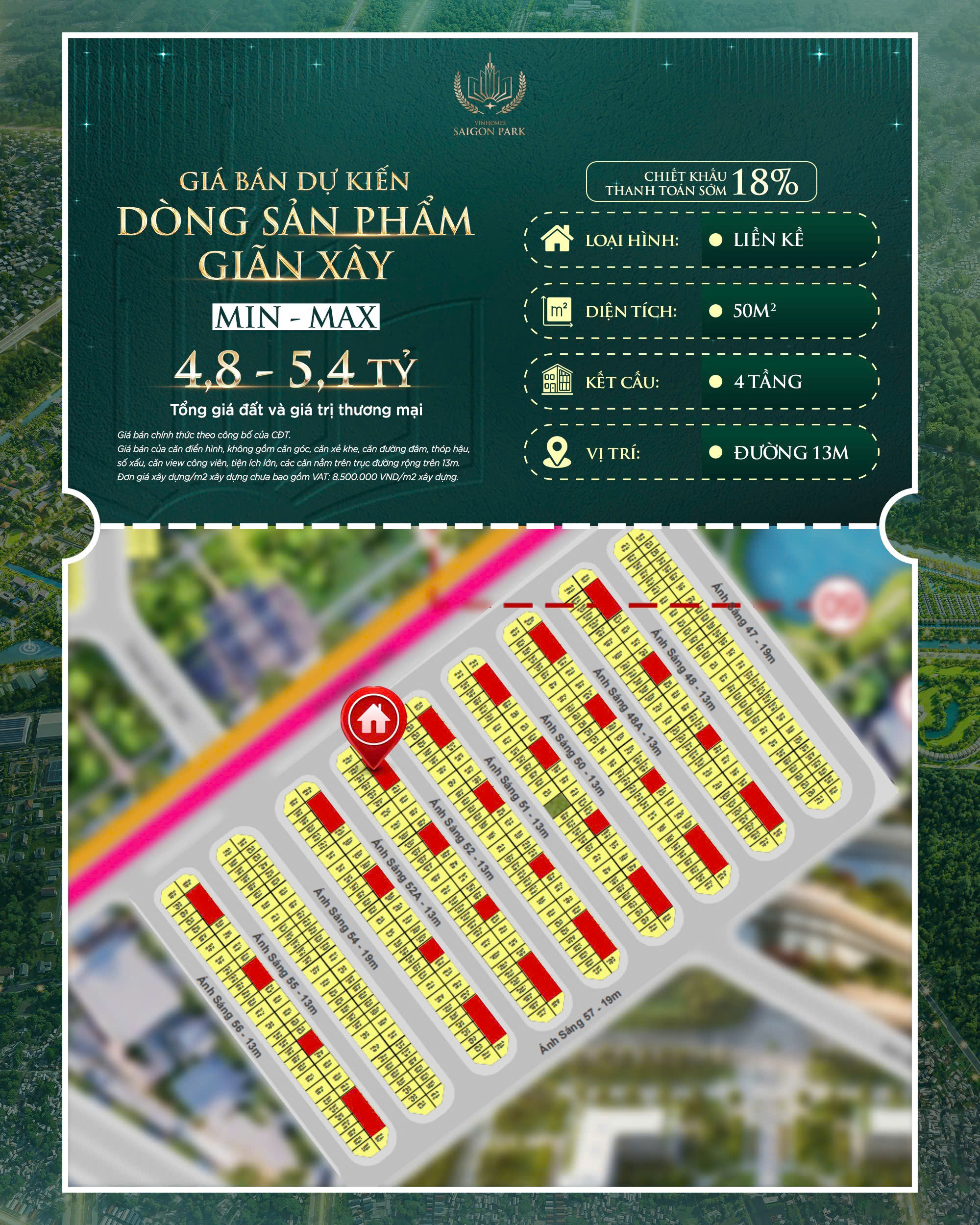 Giá bán liền kề giãn xây 50m² Vinhomes Sài Gòn Park 4,8-5,4 tỷ kèm sơ đồ vị trí
